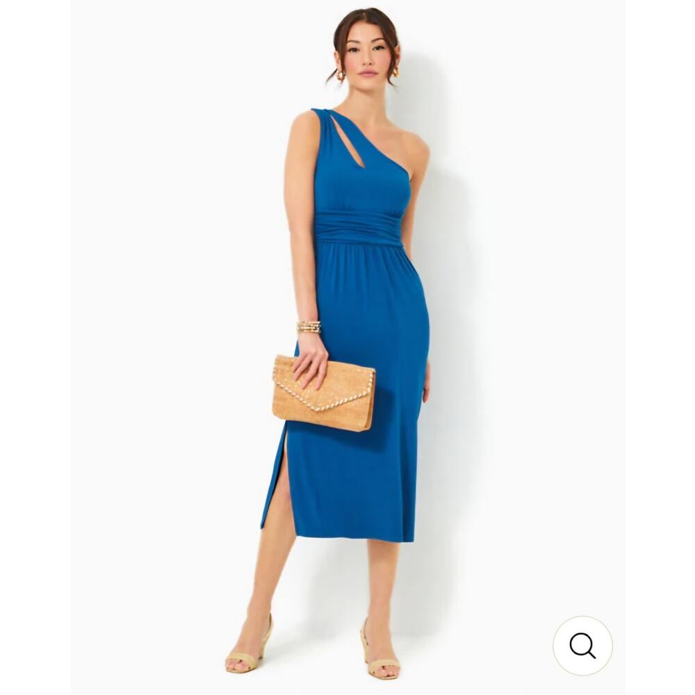 Lilly Pulitzer Barton Blue Helina One Shoulder Midi Dress Cocktail Party Size XS